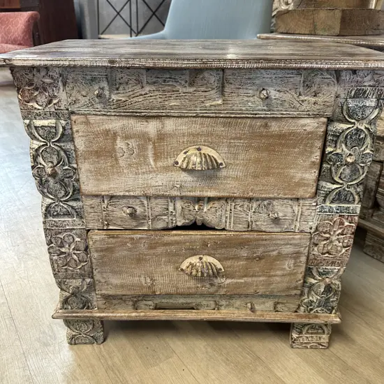 Vintage Indian Handcrafted Mango Wood 2 Drawer Bedside. H60 W62 D37cm