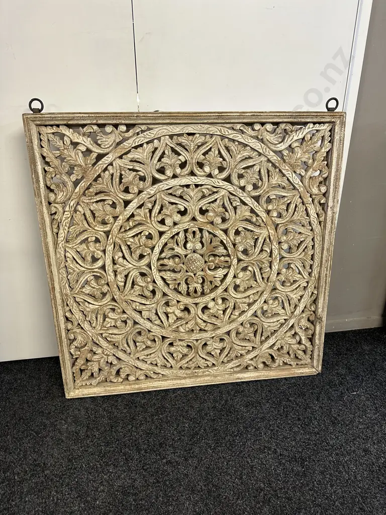 Decorative Hand Carved Wooden Mandala Wall Panel With Wrought Rings To Hang. 110x110cm. Image 1++