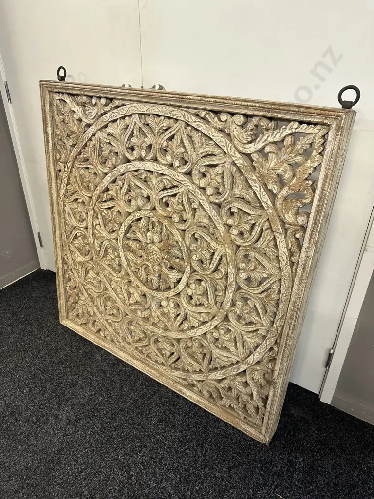 Decorative Hand Carved Wooden Mandala Wall Panel With Wrought Rings To Hang. 110x110cm. Image 1++
