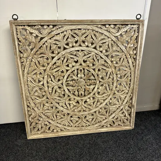 Decorative Hand Carved Wooden Mandala Wall Panel With Wrought Rings To Hang. 110x110cm.