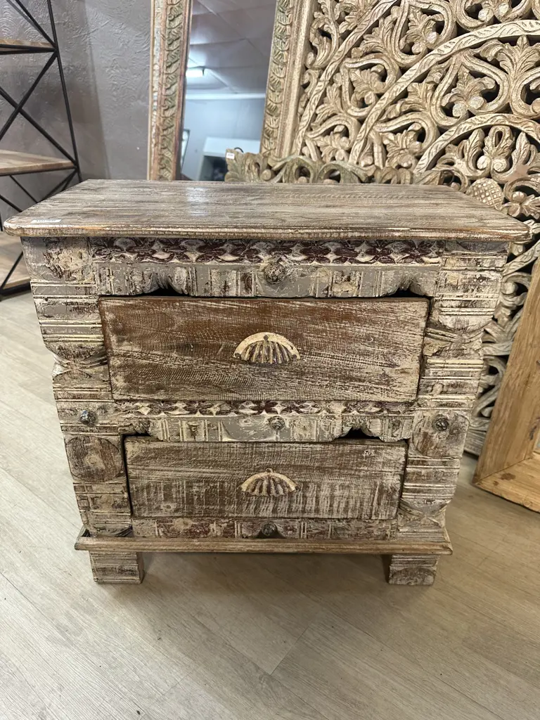 Vintage Indian Handcrafted Mango Wood 2 Drawer Bedside. H60.5 W61 D34cm Image 1++