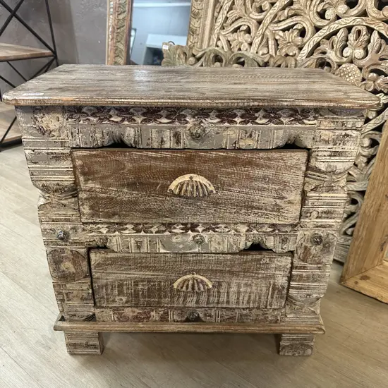 Vintage Indian Handcrafted Mango Wood 2 Drawer Bedside. H60.5 W61 D34cm