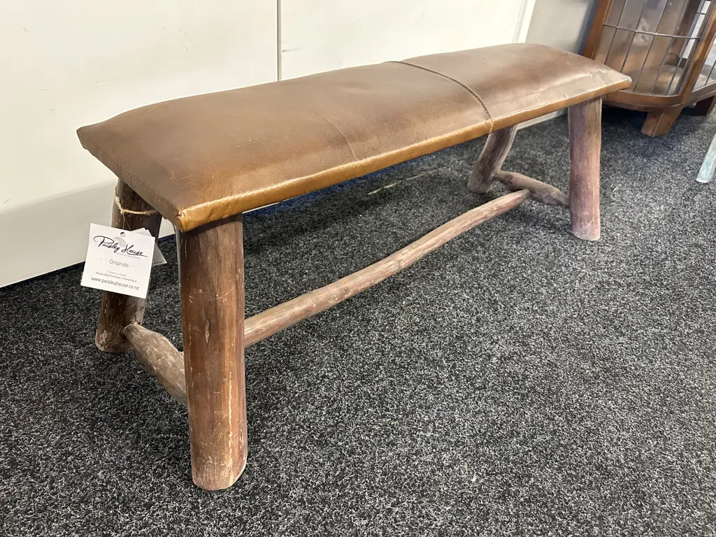 Rustic Teak Bench With Leather Top Image 1++