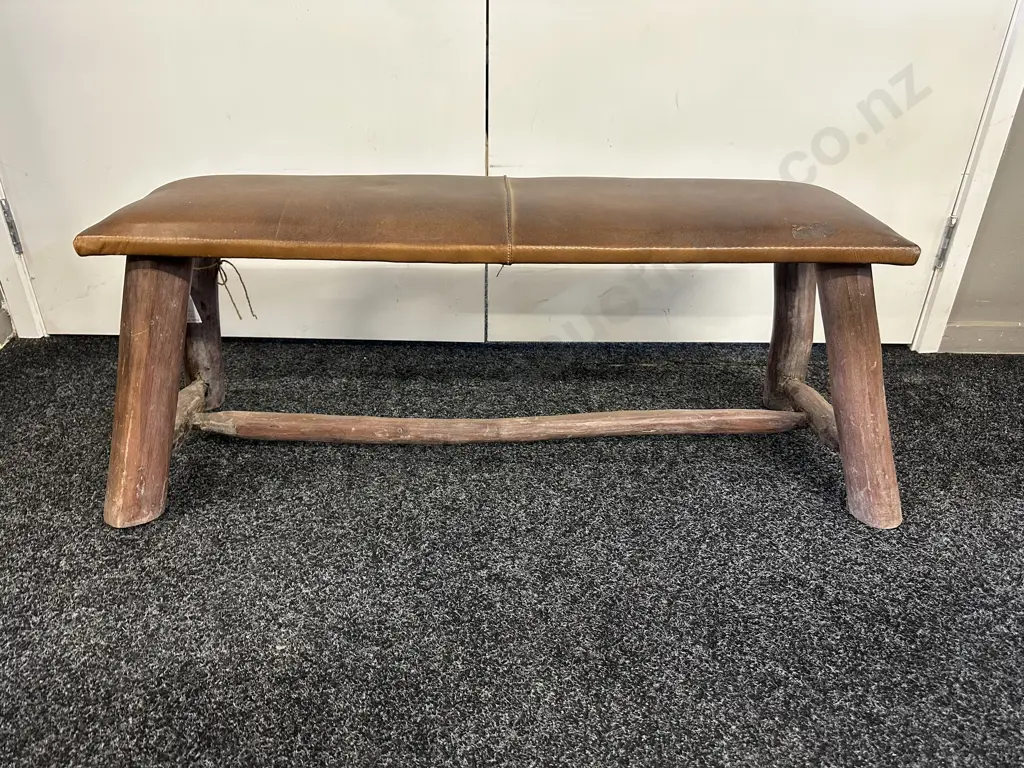 Rustic Teak Bench With Leather Top Image 1++