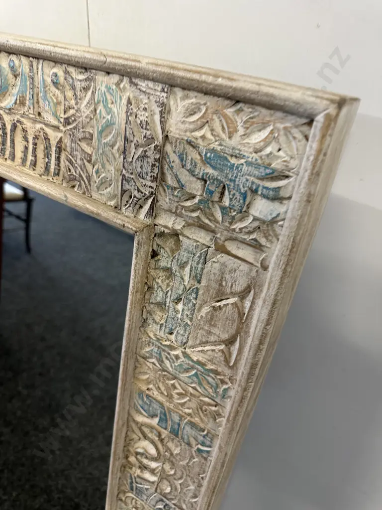 Hand Carved Indian Style Mirror Distressed White Washed Carved Timber Frame H120x60cm. Image 1++