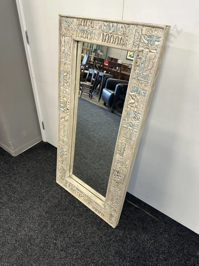 Hand Carved Indian Style Mirror Distressed White Washed Carved Timber Frame H120x60cm. Image 1++