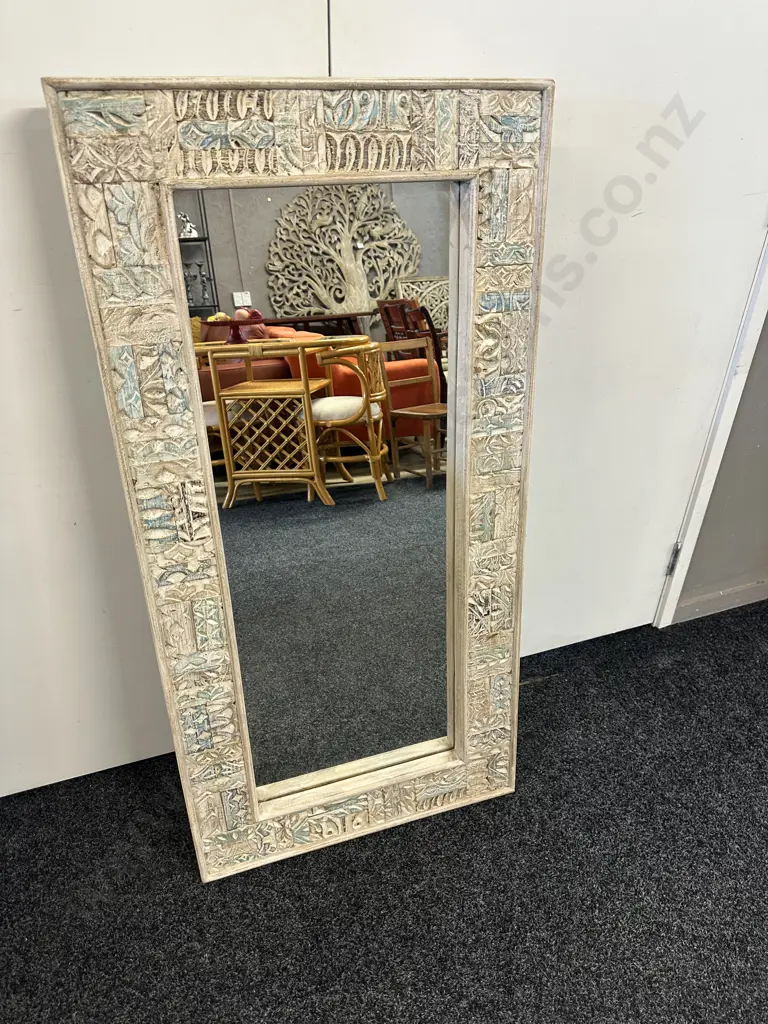 Hand Carved Indian Style Mirror Distressed White Washed Carved Timber Frame H120x60cm. Image 1++