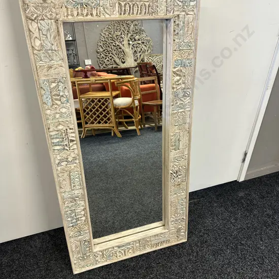 Hand Carved Indian Style Mirror Distressed White Washed Carved Timber Frame H120x60cm.