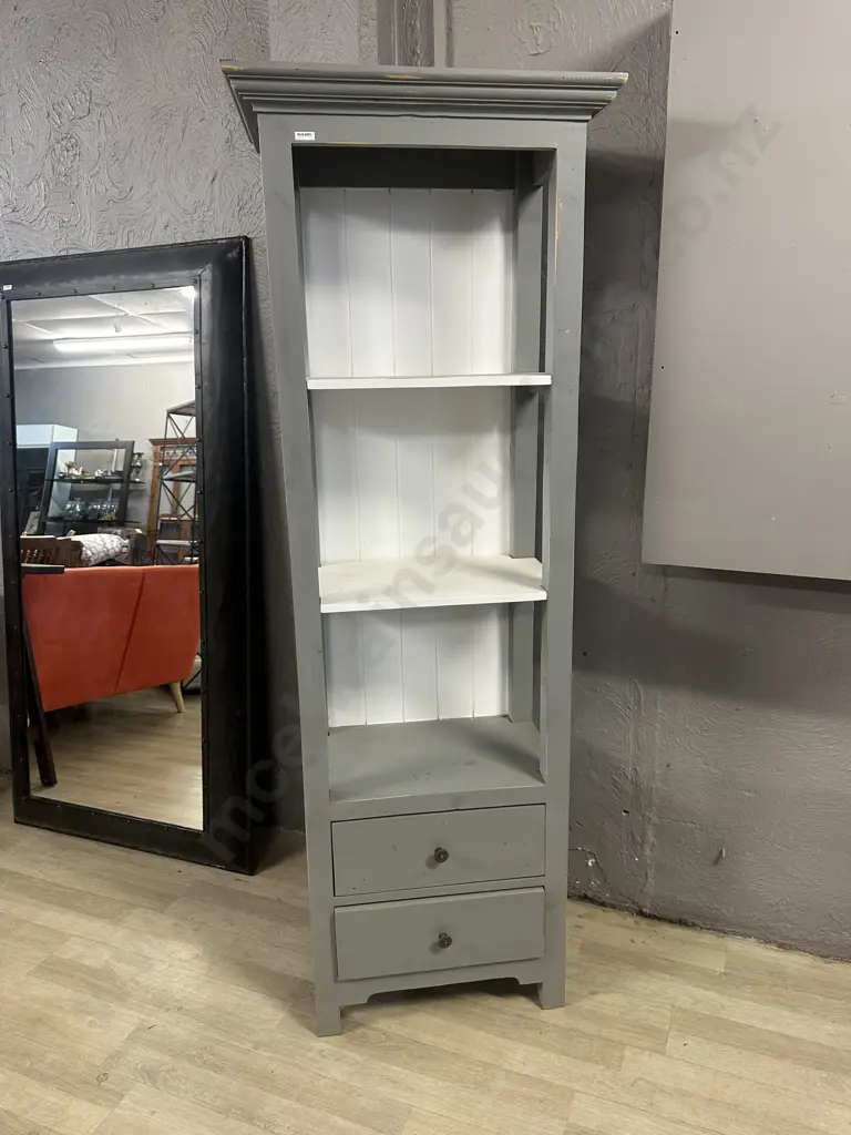 Grey & White Painted Slim Bookcase With 2 Drawers In Base. H180 W63 D40.5cm Image 1++
