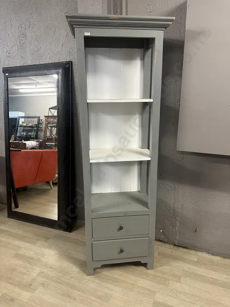 Grey & White Painted Slim Bookcase With 2 Drawers In Base. H180 W63 D40.5cm Image 1++