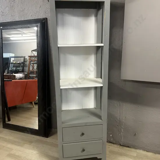 Grey & White Painted Slim Bookcase With 2 Drawers In Base. H180 W63 D40.5cm