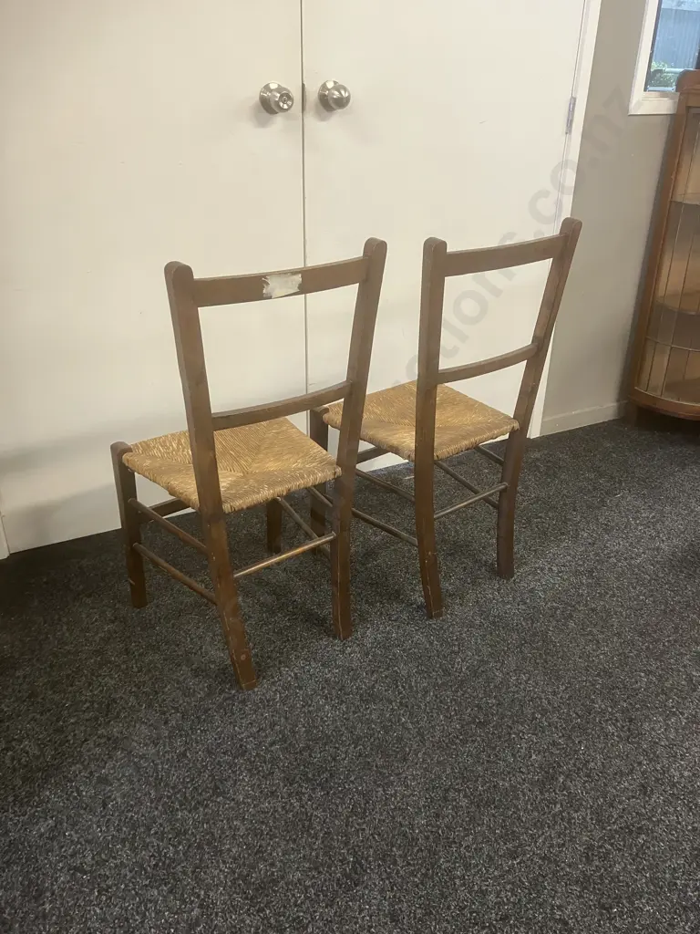 Pair of Antique Oak Ladder Back Chairs With Rush Seats Image 1++