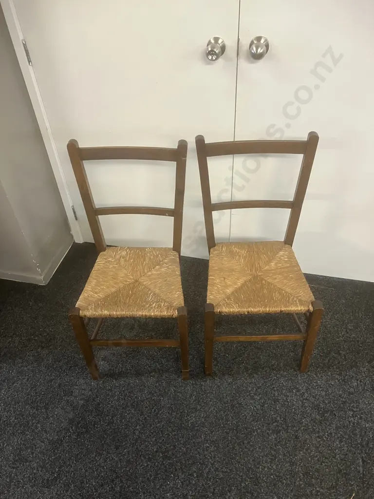Pair of Antique Oak Ladder Back Chairs With Rush Seats Image 1++