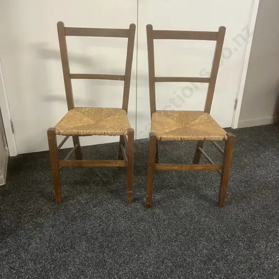 Pair of Antique Oak Ladder Back Chairs With Rush Seats