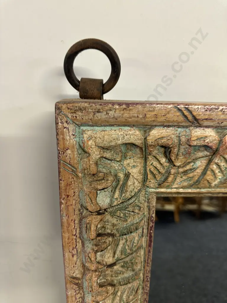 Wooden Framed Carved Leaf Detailed Mirror With Wrought Rings To Hang. 120x51cm. Image 1++