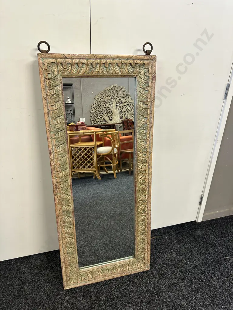 Wooden Framed Carved Leaf Detailed Mirror With Wrought Rings To Hang. 120x51cm. Image 1++