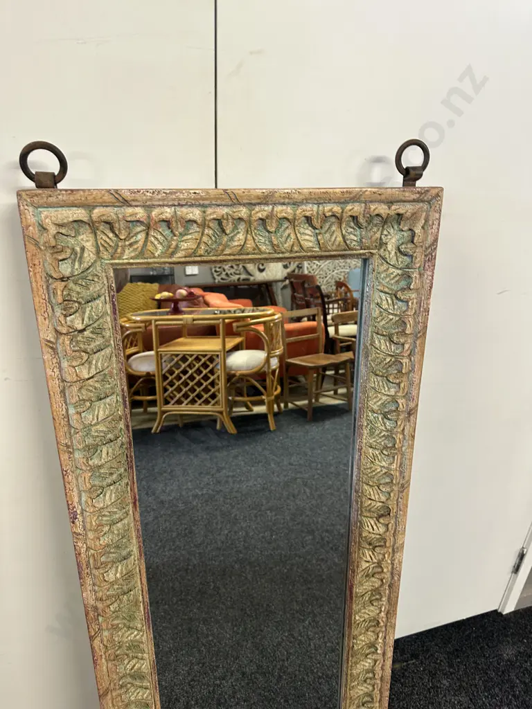 Wooden Framed Carved Leaf Detailed Mirror With Wrought Rings To Hang. 120x51cm. Image 1++