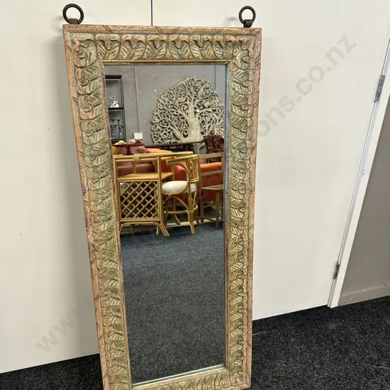 Wooden Framed Carved Leaf Detailed Mirror With Wrought Rings To Hang. 120x51cm.