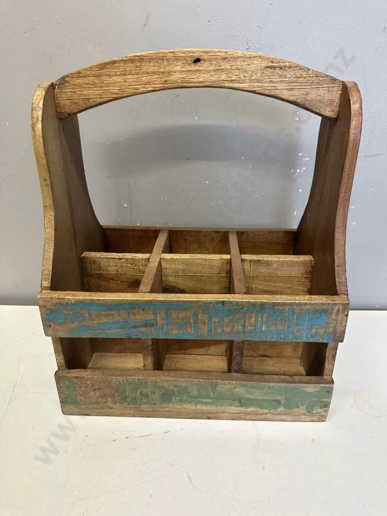 Vintage Wooden Six Bottle Caddy With Rustic Finish H43,W33,D23cm. Image 1++