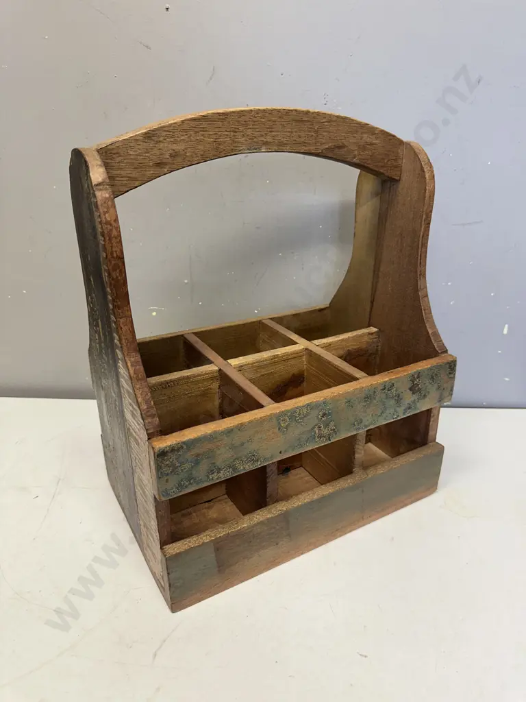 Vintage Wooden Six Bottle Caddy With Rustic Finish H43,W33,D23cm. Image 1++