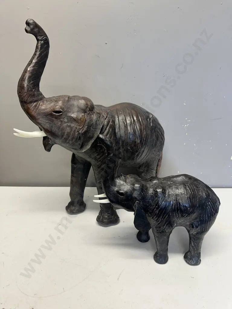Vintage Leather Wrapped Elephant Sculptures Mother & Baby Standing Pose With Trunks Raised Image 1++