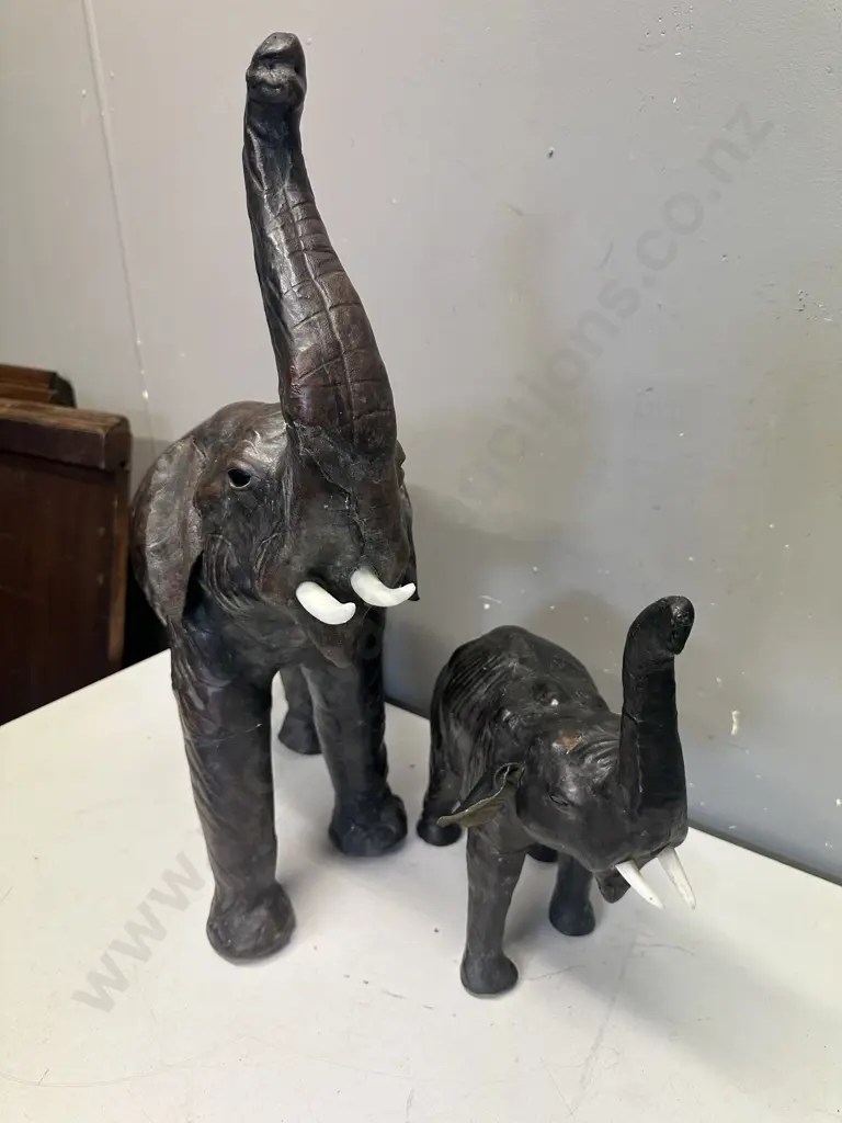 Vintage Leather Wrapped Elephant Sculptures Mother & Baby Standing Pose With Trunks Raised Image 1++