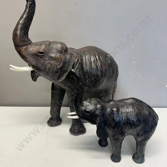Vintage Leather Wrapped Elephant Sculptures Mother & Baby Standing Pose With Trunks Raised