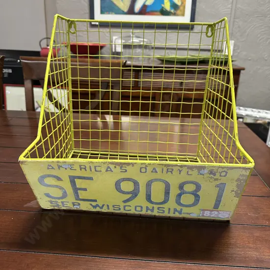 Collectable Wall Hung Wire Storage Basket Featuring Repurposed License Plate From1982 "Americas Dairyland"