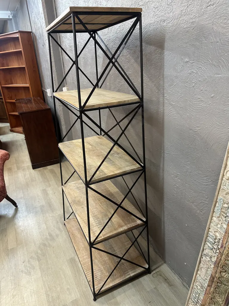 Industrial Black Steel & Wood Angled Shelf Unit. H172 W67 / 86 D37.5cm Image 1++