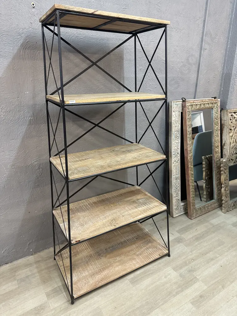 Industrial Black Steel & Wood Angled Shelf Unit. H172 W67 / 86 D37.5cm Image 1++