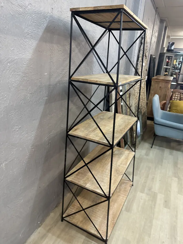 Industrial Black Steel & Wood Angled Shelf Unit. H172 W67 / 86 D37.5cm Image 1++