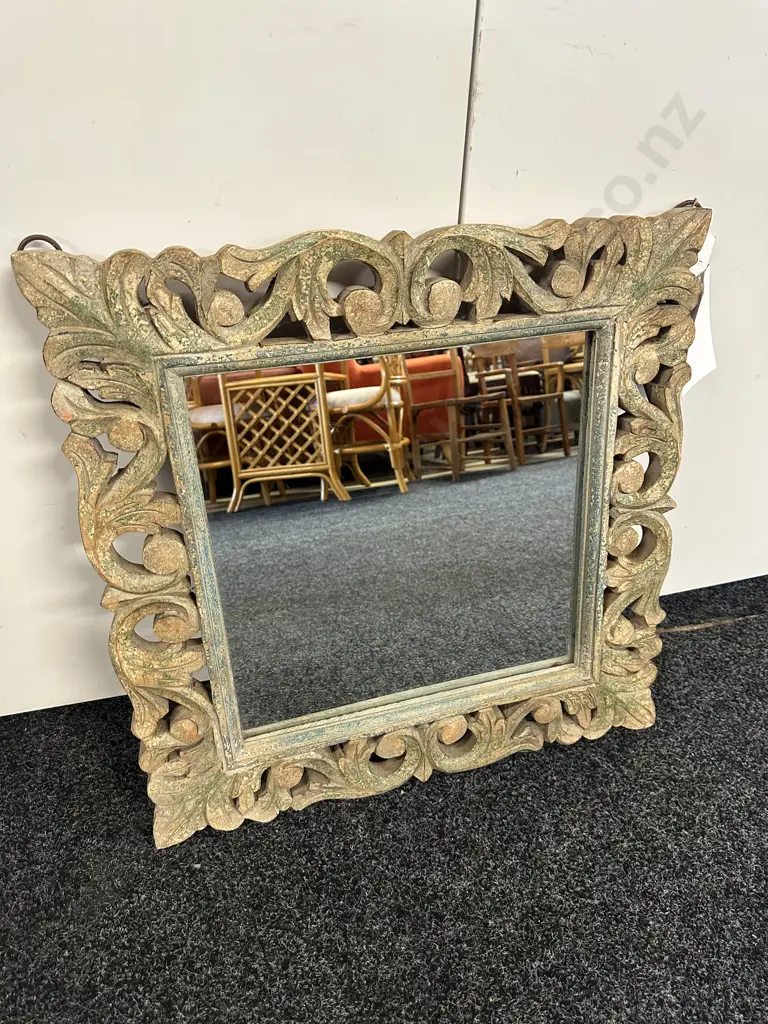 Square Carved Mirror With Wrought Rings To Hang. 61x61cm. Image 1++
