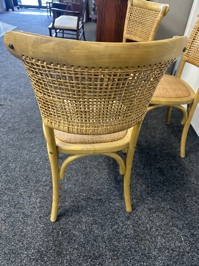 Rattan Weaved Oak Dining Chairs x3 Image 1++