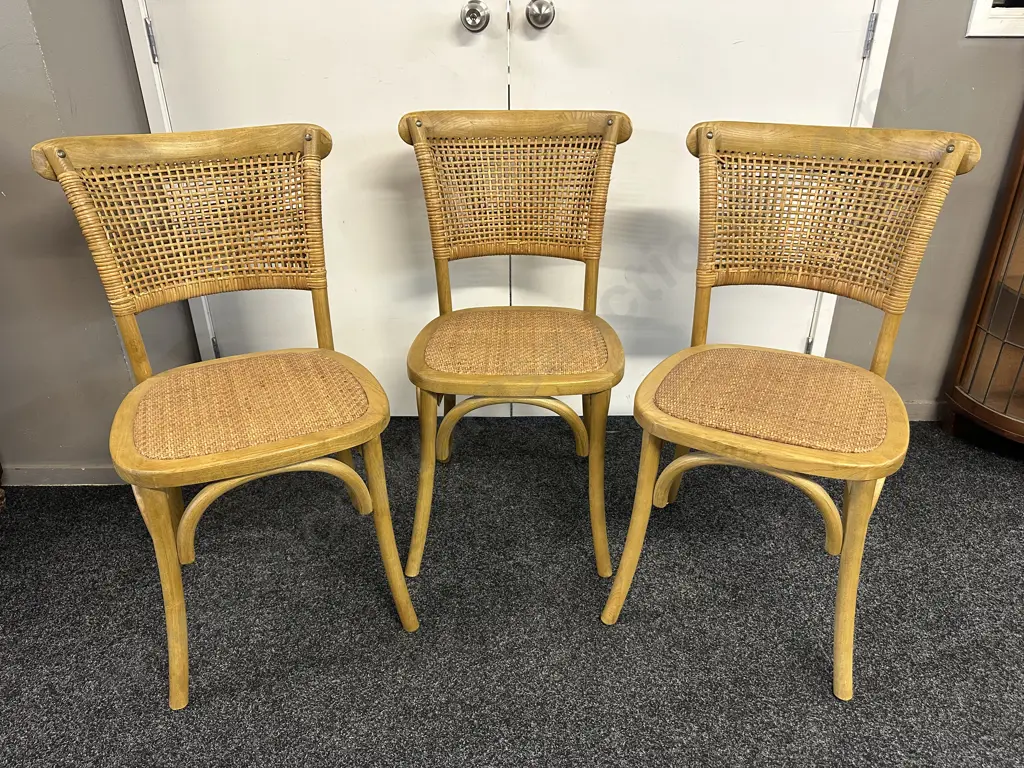 Rattan Weaved Oak Dining Chairs x3 Image 1++