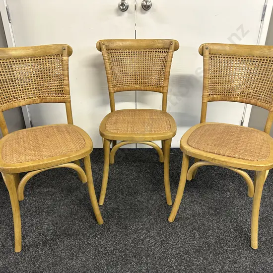 Rattan Weaved Oak Dining Chairs x3