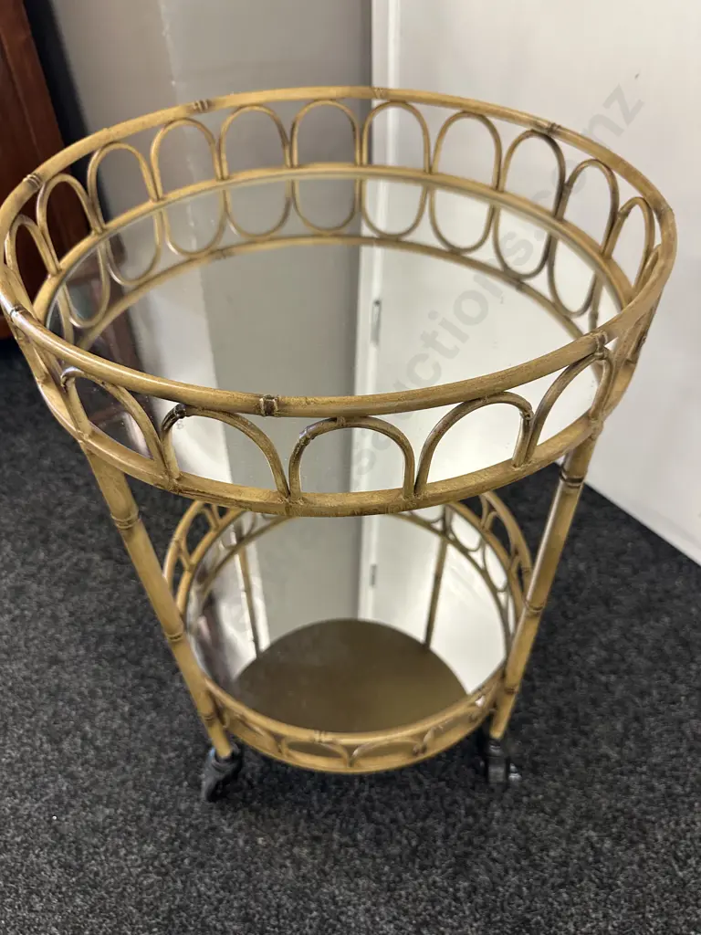 Round Two Tier Cane & Mirrored Mobile Drinks Trolley Image 1++