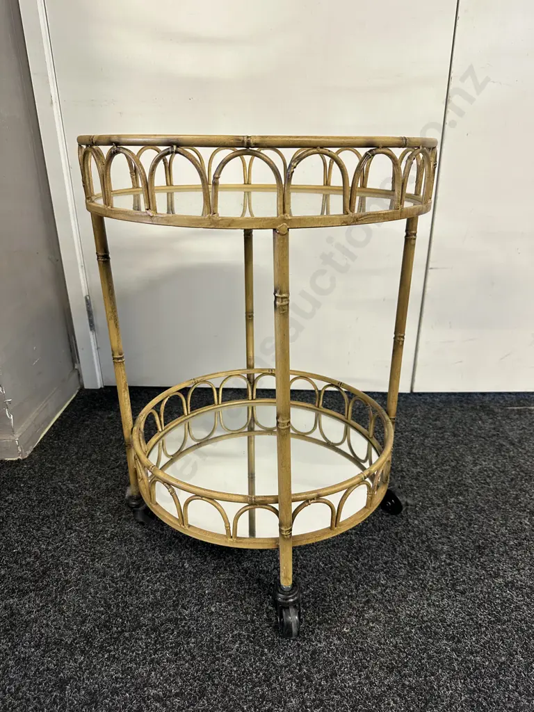 Round Two Tier Cane & Mirrored Mobile Drinks Trolley Image 1++