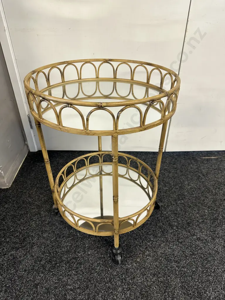 Round Two Tier Cane & Mirrored Mobile Drinks Trolley Image 1++