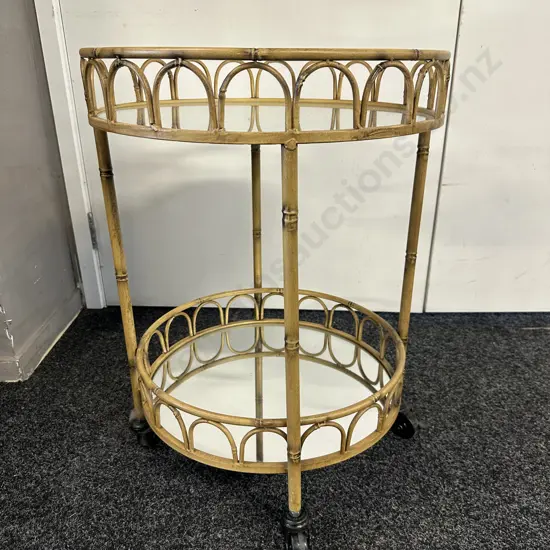 Round Two Tier Cane & Mirrored Mobile Drinks Trolley