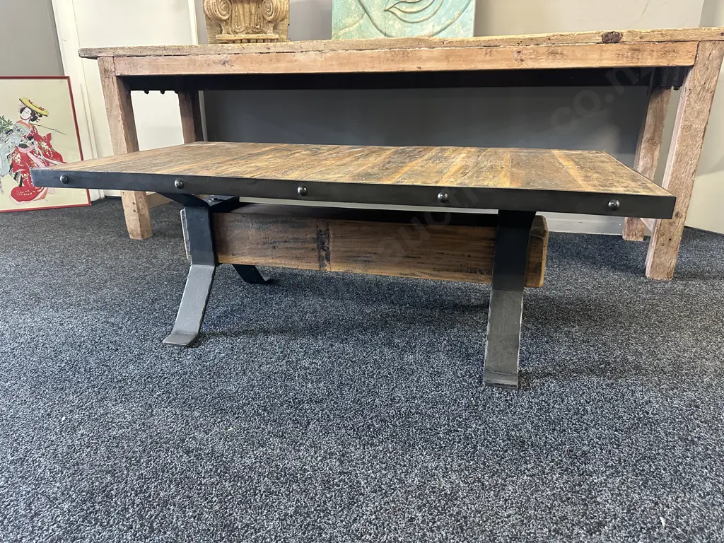 Heavy Wood & Steel X-Leg Coffee Table. H46 W132 D71cm Image 1++