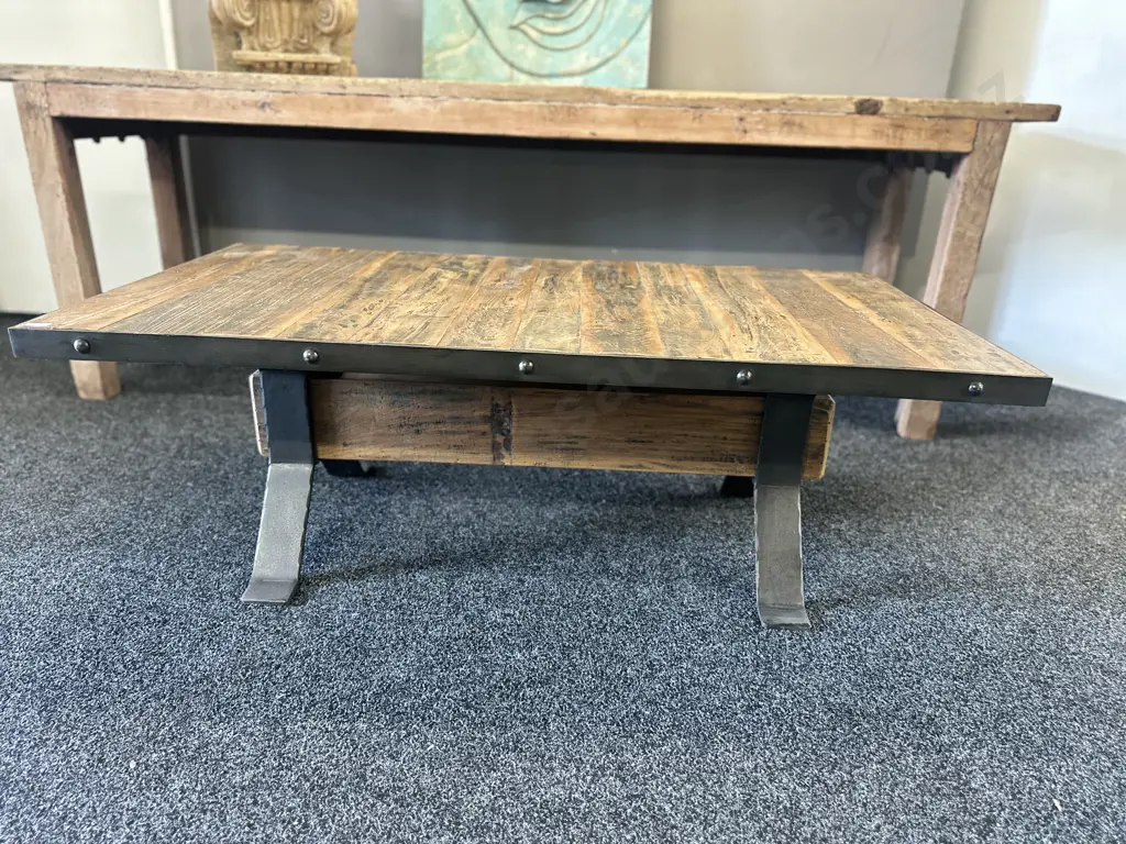 Heavy Wood & Steel X-Leg Coffee Table. H46 W132 D71cm Image 1++