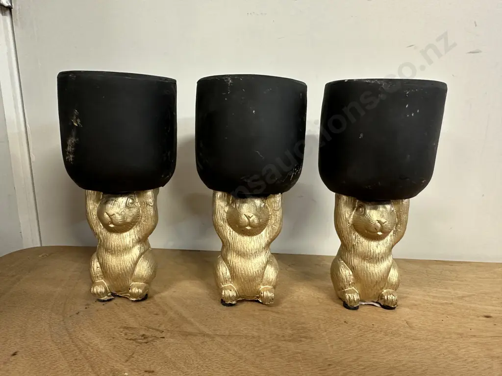 Golden Rabbit Pedestal Planters x3 Image 1++