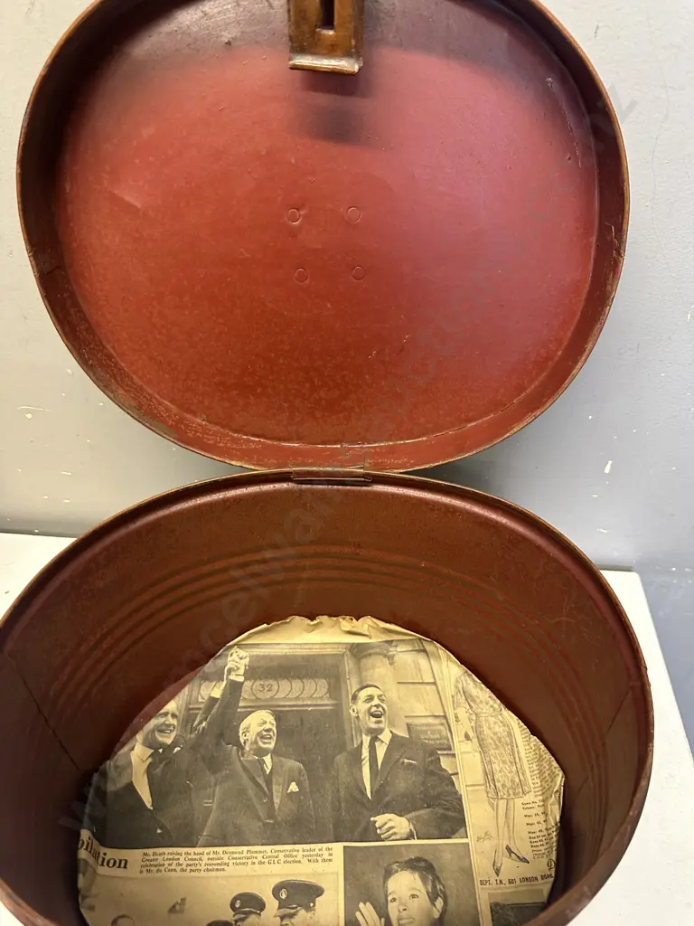 Victorian Metal Hat Tin Box H24cm. Image 1++