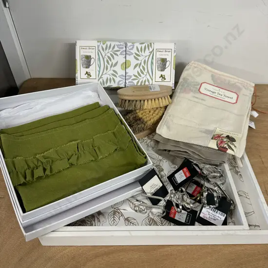 White Floral Patterned Serving Trays x2, Tea Towels, Vege Brushes Etc