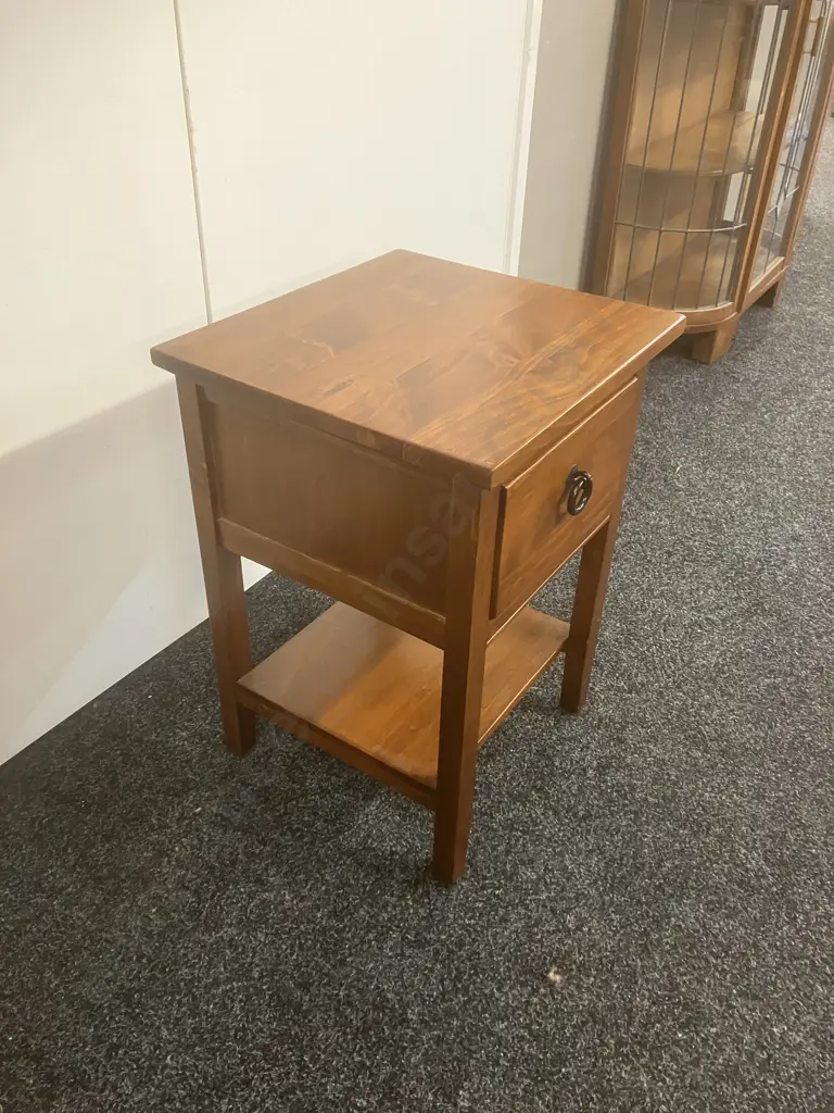 Wooden Single Drawer Bedside With Lower Shelf, Black Ring Handle. H56.5 W40 D37cm Image 1++