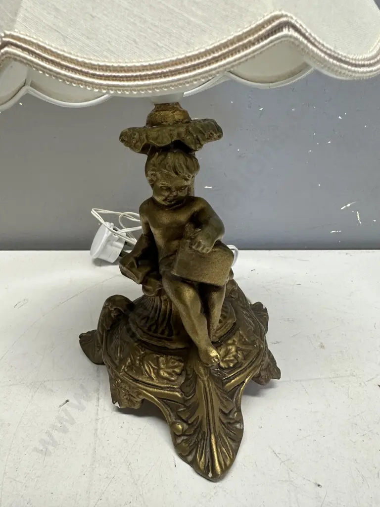 Vintage Table Lamp Gilt Cherub Detail With Cream Shade Image 1++