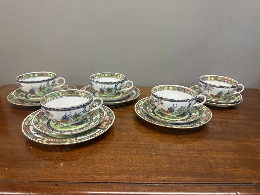 Vintage Japanese Famille Rose Rooster Trios x4, Teapot & Duo With Extra Saucer Image 1++