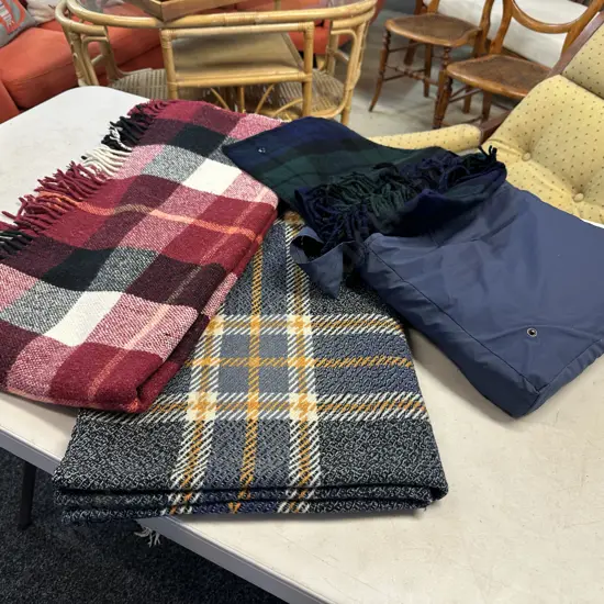 Vintage Tartan Patterned Throws With Fringed Edges & Tartan Patterned Ground Rug In Mainland Produce Limited Bag