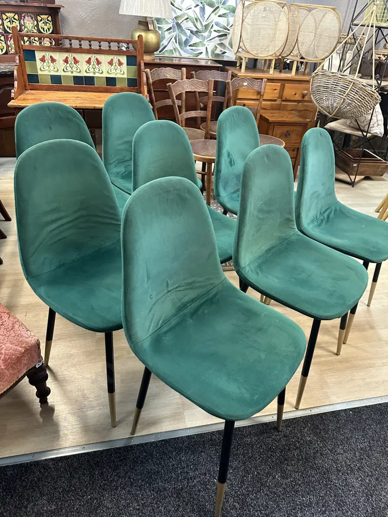 Set Of Mid-Century Modern Dining Chairs Green Upholstered With Black/Gilt Legs Image 1++