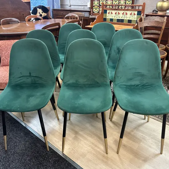 Set Of Mid-Century Modern Dining Chairs Green Upholstered With Black/Gilt Legs